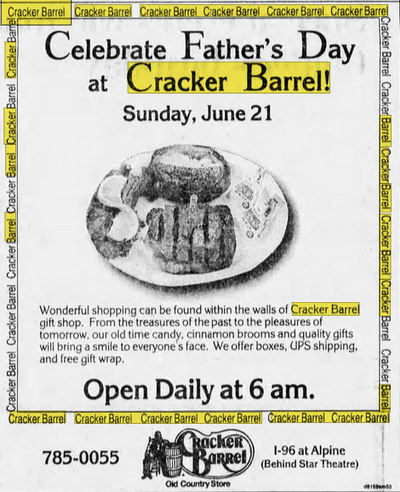 Cracker Barrel - Jun 14 1998 Article